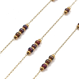 Purple Rondelle Glass Beaded Link Chains, with 304 Stainless Steel Paperclip Chains, Soldered, with Spool