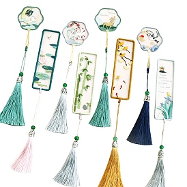 DIY Chinese Ancient Style Bookmarks Embroidery Starter Kit, including Alloy Bookmarks Hoop, Tassels, Cotton Threads, Fabric