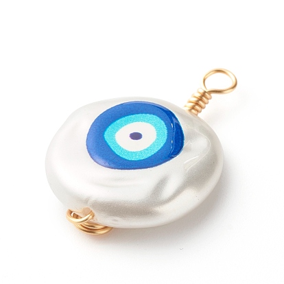 3D Printed ABS Plastic Imitation Pearl Pendants, with Eco-Friendly Copper Wire, Flat Round with Evil Eye