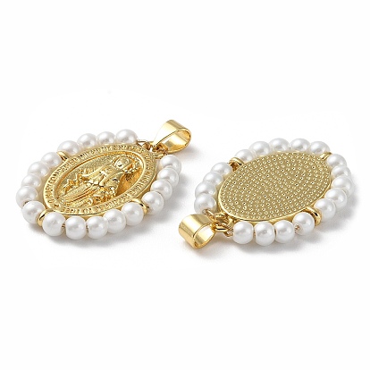 Accumuler pendentifs en laiton placage, avec des perles d'imitation en plastique, sans cadmium et sans plomb, ovale avec breloque saint