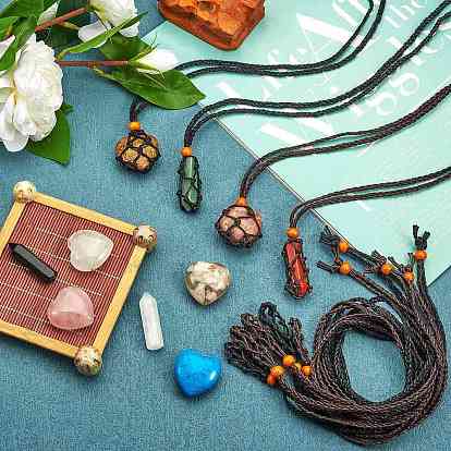 8Pcs 4 Style Adjustable Braided Waxed Cord Macrame Pouch Necklace Making, Interchangeable Stone, with Wood Beads