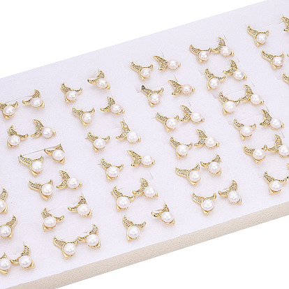 Brass Rhinestone Whale Tail & Natural Pearl Stud Earrings, with 925 Sterling Silver Pins