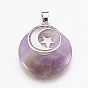 Gemstone Pendants, with Platinum Tone Brass Findings, Flat Round with Moon and Star