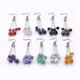 Natural Gemstone Dangle Earrings Sets, with 304 Stainless Steel Earring Hooks and Iron Eye Pins, Round, Stainless Steel Color