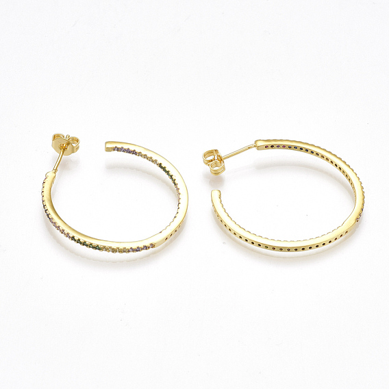 Brass Cubic Zirconia Stud Earrings, Half Hoop Earrings, with Ear Nuts, Ring