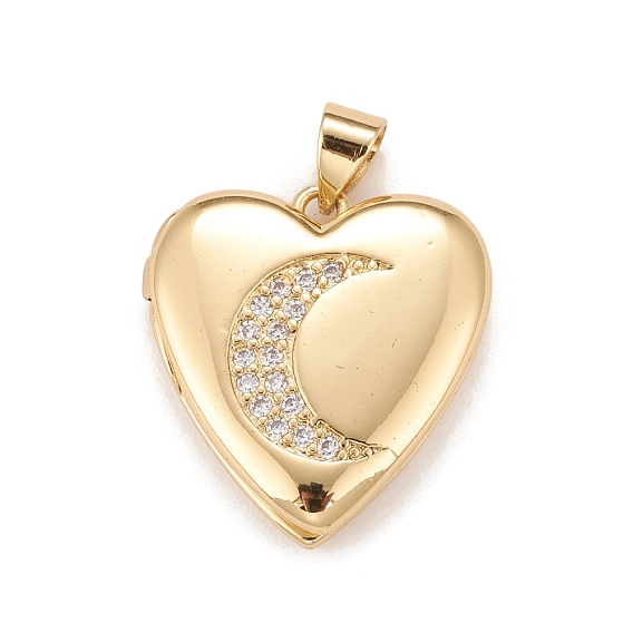 Brass Micro Pave Cubic Zirconia Locket Pendants, Photo Frame Charms for Necklaces, Real 18K Gold Plated, Lead Free & Cadmium Free, Heart with Moon