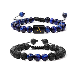 Men's Lava Stone Bracelet with Shiny Black Glass and 26 Alphabet Charms - Handmade Weave Jewelry Set