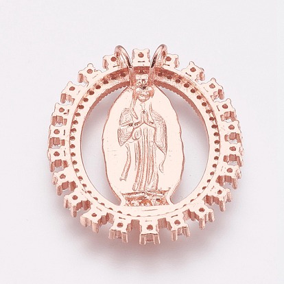 Brass Micro Pave Cubic Zirconia Pendants, Flat Round with Virgin