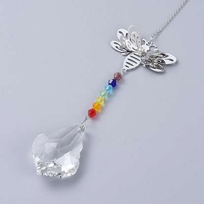 Chandelier Suncatchers Prisms, Chakra Crystal Maple Leaf Hanging Pendant, with Bee Iron Links and Cable Chain, Faceted