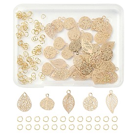 50Pcs Rack Plating Brass Filigree Charms, Long-Lasting Plated, with 100Pcs 304 Stainless Steel Jump Rings, Leaf/Flat Round