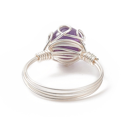 Natural Gemstone Braided Bead Finger Ring, Copper Wire Wrap Jewelry for Women, Silver