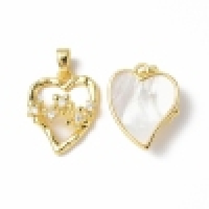 Shell Pendants, with Brass Micro Pave Cubic Zirconia Findings, Asymmetrical Heart with Flower Charm