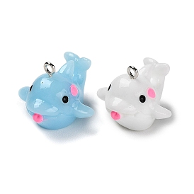 Opaque Resin Pendants, Dolphin Charms, with Platinum Tone Iron Loops