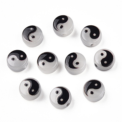 Luminous Transparent Acrylic Beads, Flat Round with Yin Yang Pattern