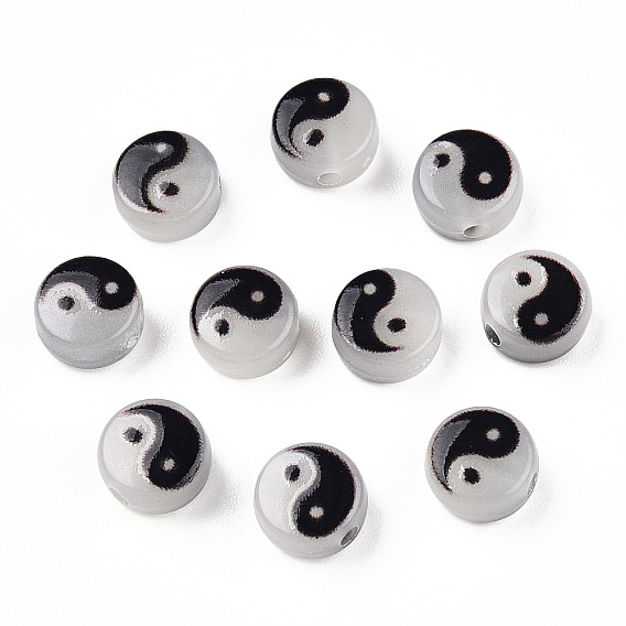 Cuentas de acrílico transparentes luminosas, plano y redondo con patrón de yin yang