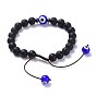 Adjustable Nylon Thread Braided Bead Bracelets, Couple Bracelets For Men, with Lampwork Evil Eye and Natural Black Agate(Dyed), Non-Magnetic Synthetic Hematite Beads, PVC Tubular Rubber Cord