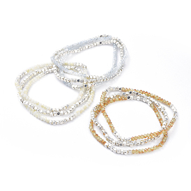 Ensembles de bracelet extensible en perles de verre, 3strand / set, avec des perles cubiques en laiton