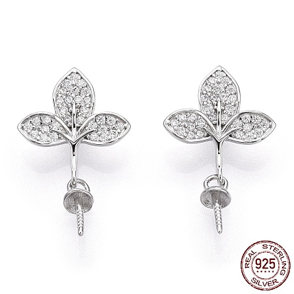 925 Sterling Silver Micro Pave Cubic Zirconia Peg Bails, Leaf Cup Peg Bails, For Pinch Bails Half Drilled Beads, Nickel Free, with 925 Stamp