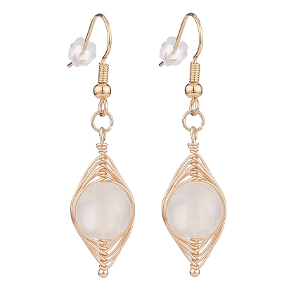 Natural Stone Braided Dangle Earring, Brass Oval Drop Earrings for Women, Golden