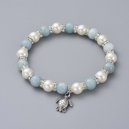 Étirer bracelets de charme, avec des perles de pierres fines, Perles en verre nacré, breloques en alliage de zinc et perles d'espacement en laiton strass, tortue de mer