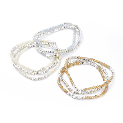 Electroplate Glass Beads  Stretch Bracelet Sets, 3strand/set, with Cube Brass Beads