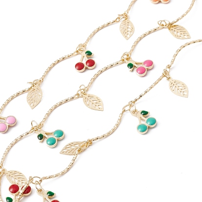 Handmade Eco-friendly Brass Enamel Cherry & Leaf Charms Chain, with Curved Bar Link Chains, Real 18K Gold Plated, Lead Free & Cadmium Free, Soldered, with Spool