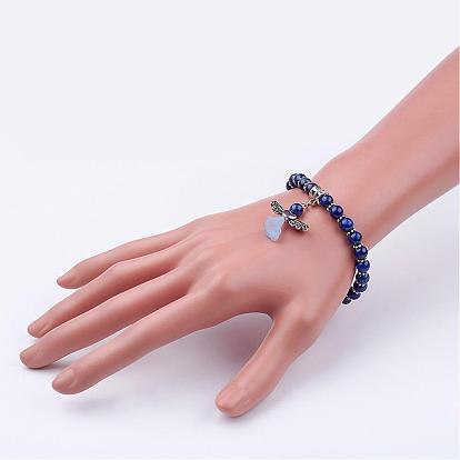 Perles de pierres précieuses naturelles étirer bracelets de charme, avec des perles de style tibétain et perles en acrylique transparent, givré, belle robe de mariée ange dangle