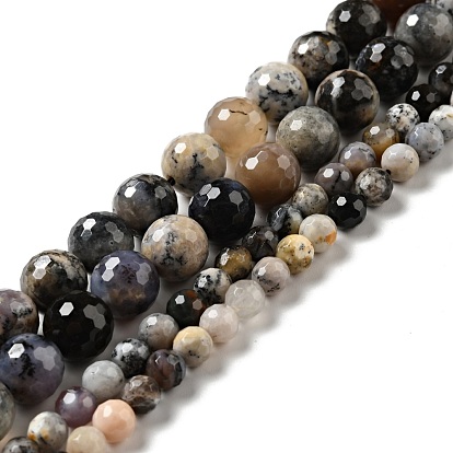 Perles de jaspe dendritiques naturelles, à facettes (128 facettes), ronde