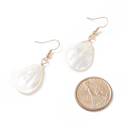 Natural Shell Teardrop Dangle Earrings, Brass Wire Wrap Jewelry for Women