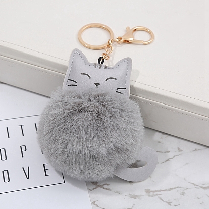 Faux Fur Cat Pendant Keychain, Cute Kitten Golden Tone Alloy Key Ring Ornament