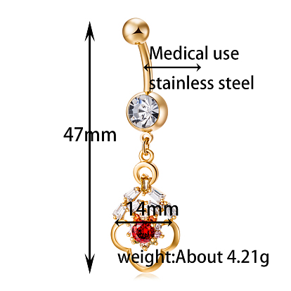 Brass Cubic Zirconia Navel Ring, Belly Rings, with Surgical Stainless Steel Bar, Cadmium Free & Lead Free