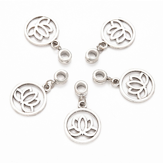Tibetan Style Alloy Large Hole European Dangle Charms, Flat Round with Yoga Lotus, 36mm, Hole: 5mm