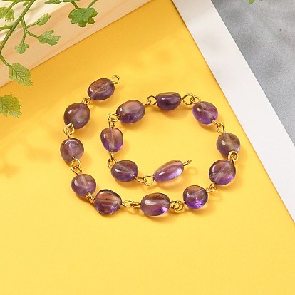 Chaînes de perles de pierres précieuses naturelles faits à la main, avec épingle à œil en fer doré, nuggets
