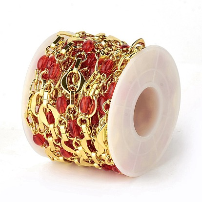 Rack Plating Brass Rhombus & Ring & Oval Link Chains, with Red Glass Beaded, Unwelded, with Spool, Lead Free & Cadmium Free