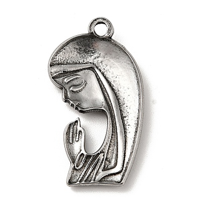 Style tibétain 304 pendentifs en acier inoxydable, charmes de prière féminins