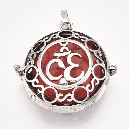 Alloy Cage Big Pendants, Hollow, with Natural/Synthetic Gemstone Beads, Flat Round with Ohm, Antique Silver