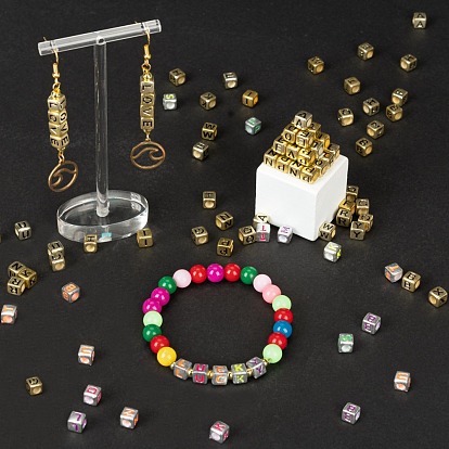 DIY Jewelry Making Kits, Including 1150Pcs Cube Metallic Plated Acrylic Letter A~Z Beads, 50Pcs Cube with Letter Plated Acrylic Beads and Elastic Crystal Thread