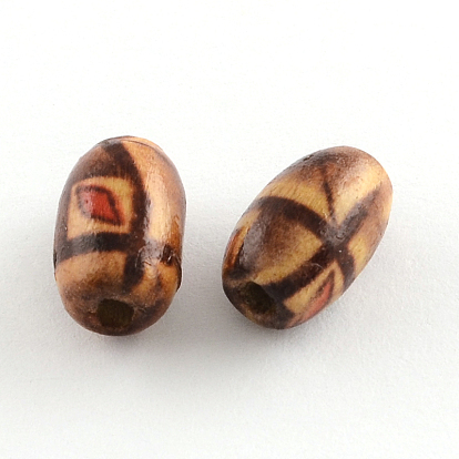 Perles de bois naturel imprimées, ovale, 12~13x8mm, trou: 3.5 mm, 3125 pcs / 1000 g