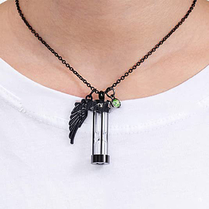 Glass Hourglass and Wing Urn Ashes Pendant Necklace with Rhinestone, Word In My Heart 201 Stainless Steel Memorial Jewelry for Men Women