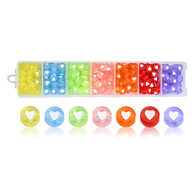 245~266Pcs 7 Colors Transparent Acrylic Beads, Flat Round with White Heart