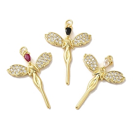 Rack Plating Brass Micro Pave Cubic Zirconia Pendants, Cadmium Free & Lead Free, Long-Lasting Plated, Real 18K Gold Plated, Fairy