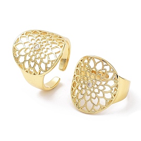 Rack Plating Brass Hollow Flower Open Cuff Ring with Cubic Zirconia, 
Cadmium Free & Lead Free
