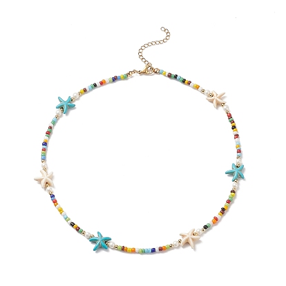 Colorful Synthetic Turquoise Starfish & Shell Pearl & Glass Seed Beaded Necklace for Women