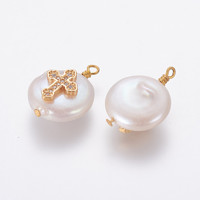 Pendentifs de perles d'eau douce de culture naturelle, avec accessoires zircon cubique micro pave en laiton, pépites avec croix, or