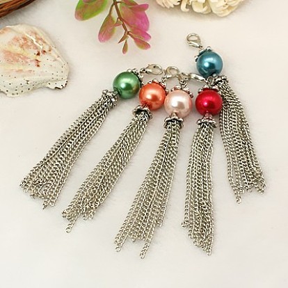 Fashion Tassels Pendant Decorations, with Tibetan Style Bead Caps, Glass Pearl Beads, Iron Twisted Chains and Alloy Lobster Claw Clasps, 90mm