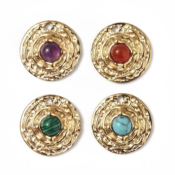 Vacuum Plating 201 Stainless Steel Gemstone Pendants, Real 18K Gold Plated, Flat Round Charms