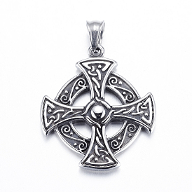 304 Stainless Steel Pendants, Flat Round with Cross