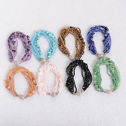 Gemstone Multi-strand Bracelets, with Glass Beads and Magnetic Clasps, Size: about 210~220mm long, bead: 2~13x1.5~6mm.