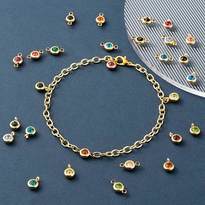 24Pcs 12 Colors 304 Stainless Steel Rhinestone Charms & Links connectors, Birthstone Charms, Flat Round