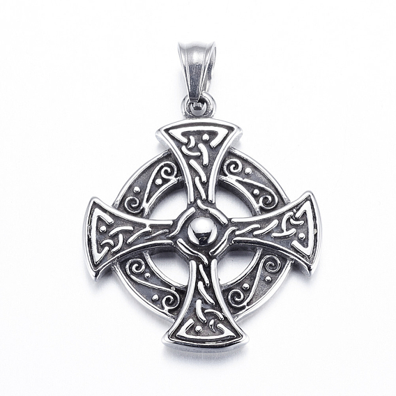 304 Stainless Steel Pendants, Flat Round with Cross